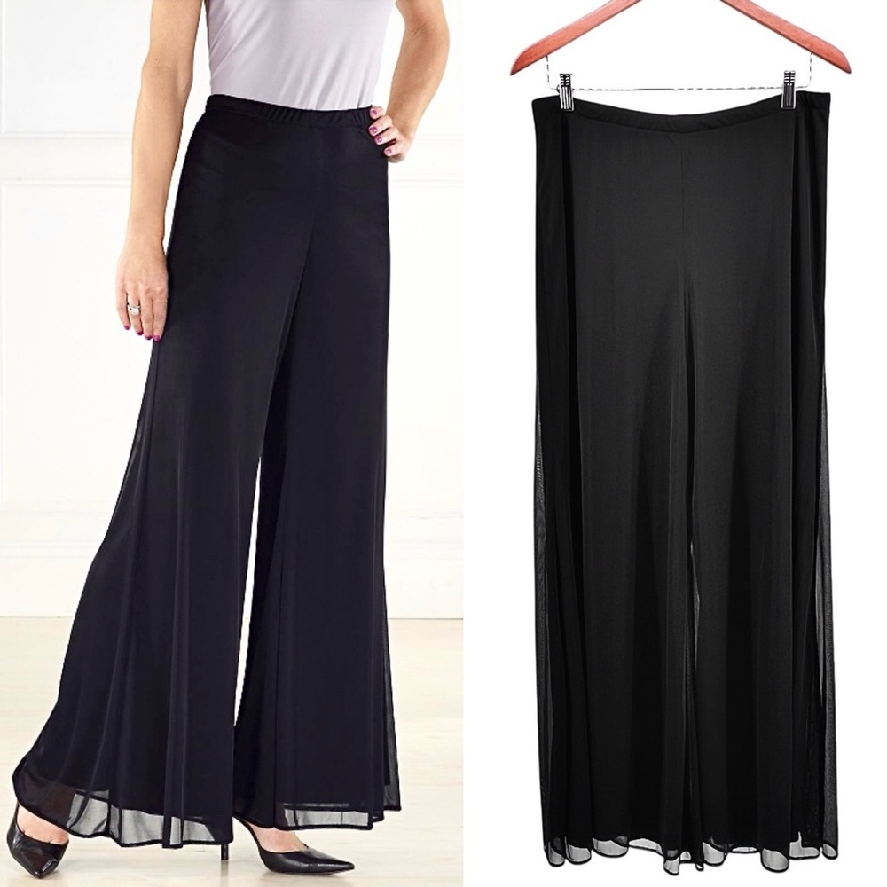 NorthStyle Flowing Pull On Dress Pants Sz XL Black Mesh Overlay Wide Leg Stretch